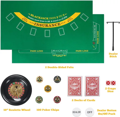 Vista 6 de Brybelly Casino Night - Juego completo 4 en 1 con fieltros, rueda, 100 fichas, dados y cartas para blackjack, craps, ruleta y Texas Hold'em - Tapete