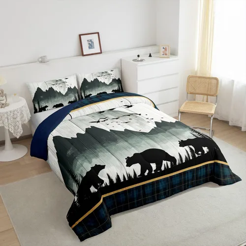 Vista 2 de Juego de edredón de oso rústico tamaño individual para mujeres adultas, ropa de cama con estampado de oso salvaje y animales salvajes, relleno