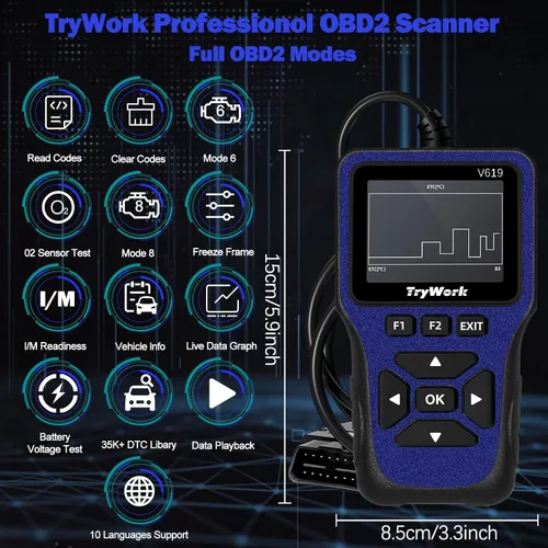 Vista 2 de Escáner de Diagnóstico OBD2, Lector de Códigos del Motor con Búsqueda de 35901 DTC, Modo 6 y 8, Preparación I/M para Todos los Autos OBDII desde