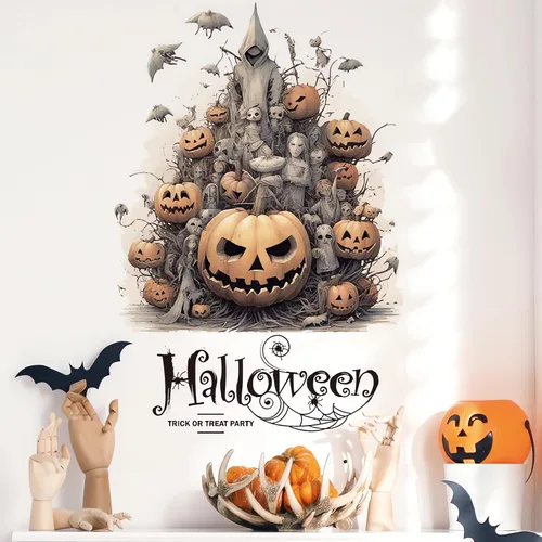 Vista 2 de Calcomanías de pared de monstruo de calabazas de Halloween, calcomanías de pared de fantasmas de terror de Halloween, vinilo extraíble