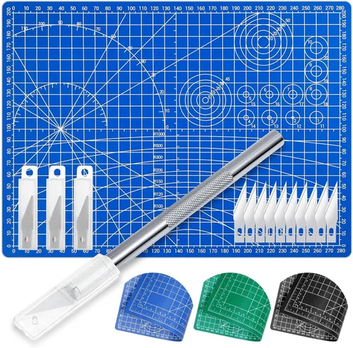 Vista 8 de Anezus Cuchillo de precisión y tapete de corte autocurable, juego de cuchillos de pasatiempos con 30 cuchillos para arte, hobby, manualidades A.Verde