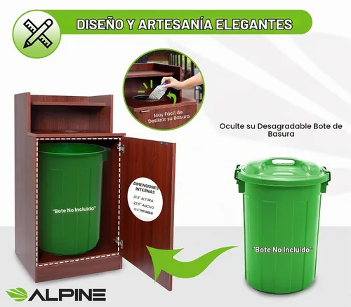 Vista 4 de Alpine Restaurant Trash Bin Cabinet - Commercial Trash Can Garbage Receptacle Indoor with Tray Holder for 32 Gallon Garbage Bin (Mahogany)