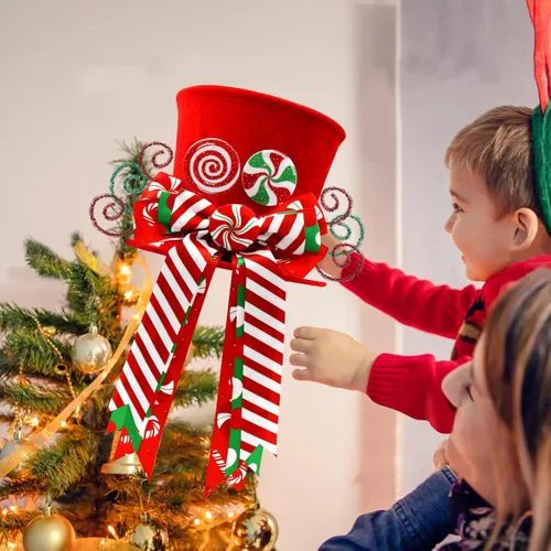 Vista 2 de Adorno para la Copa del Árbol de Bastones de Caramelo de Navidad Sombrero Rojo con Lazos de Menta Adorno Piruleta de Invierno Decoración del Hogar