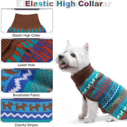 Vista 3 de Suéter Mihachi para perro - Ropa de abrigo de invierno con tiras coloridas para clima frío Marrón