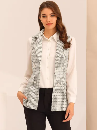 Vista 2 de Allegra K Chaleco vintage de tweed para mujer, con frente abierto, a cuadros, sin mangas, cárdigan casual para el trabajo