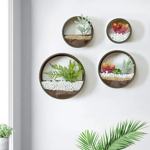 Vista 3 de Paquete de 4 macetas redondas de pared colgantes de metal, soportes circulares para plantas, jarrón de hierro circular contemporáneo para suculentas