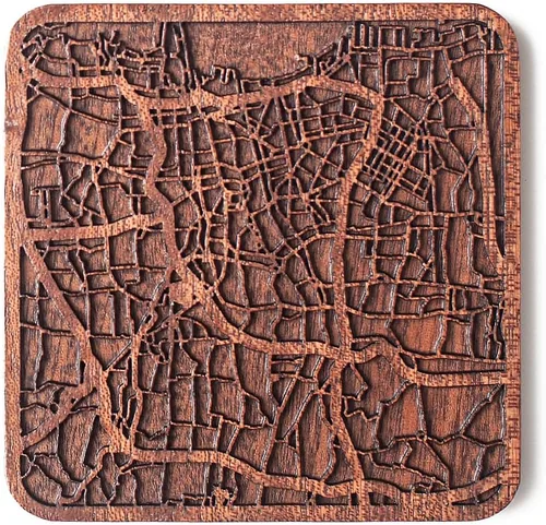 Vista 87 de Posavasos Amsterdam Map by O3 Design Studio, 1 pieza, posavasos de madera Sapele con mapa de la ciudad, hecho a mano, varias ciudades opcionales