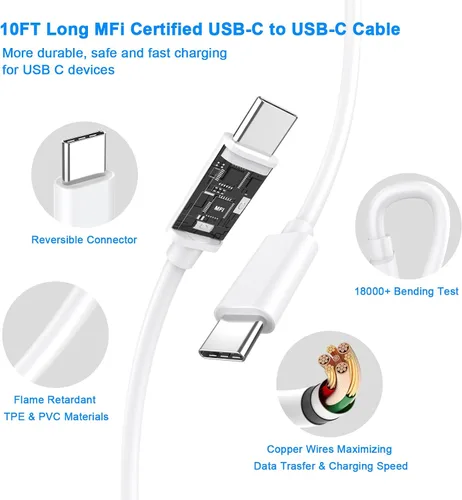 Vista 4 de Matsusho Cargador para iPhone 15 de carga rápida, 2 unidades de 20 W de doble puerto PD+QC3.0 bloque de cargador de pared con cable de carga USB C a