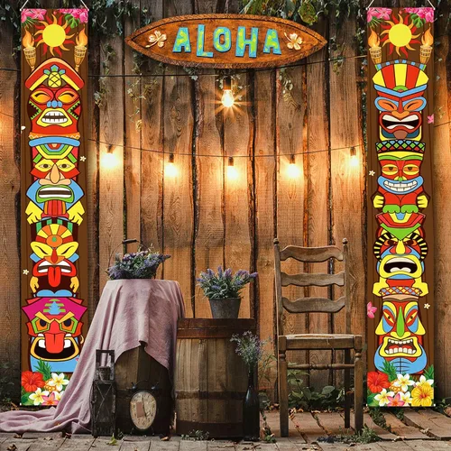 Vista 2 de Frienda Decoraciones de fiesta de Tiki hawaiano Luau suministros de decoración de fiesta Tiki Banner Totem Letrero de puerta para Hawai Tropical