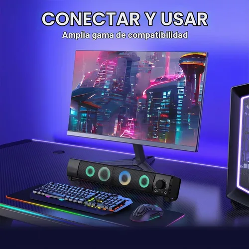 Vista 6 de Altavoces de computadora con cable diseñados para dispositivos de escritorio, sonido claro USB Plug and Play con iluminación RGB Características