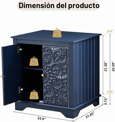 Vista 2 de weselon Mesa auxiliar de estilo granja con puerta floral tallada, mesita de noche de 24 pulgadas de ancho con estante ajustable, mesa auxiliar