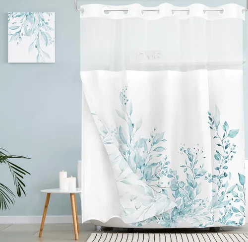 Vista 105 de Tititex - Juego de cortinas de ducha de eucalipto negro, hojas de acuarela gris en la parte superior, con decoración floral de baño, 60 x 72