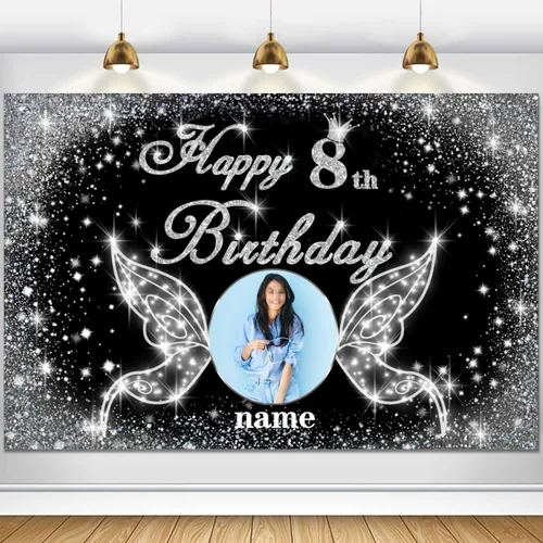 Vista 55 de Cartel personalizado de decoración de fiesta de cumpleaños número 100 - tema de alas de ángel - negro y plateado HY-NLK-100º