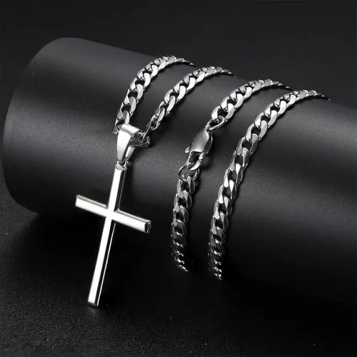 Vista 4 de Tungary Collar de cruz de plata de ley 925 para hombres y mujeres, cadena de eslabones cubanos de acero inoxidable de 0.197in para hombres, cadena