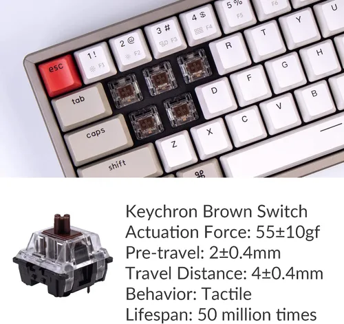 Vista 5 de Keychron Teclado mecánico inalámbrico K14 Bluetooth 5.1 con marco de aluminio Keychron Brown Switchbatería recargable, teclado compacto de 72 teclas