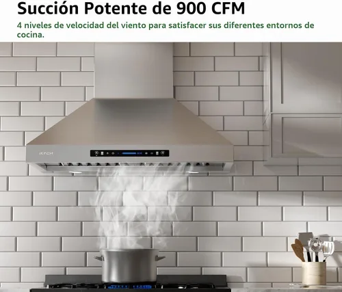 Vista 2 de IKTCH Campana extractora de montaje en pared de 30 pulgadas 900 CFM convertible, ventilación de chimenea de cocina de acero inoxidable con sensor
