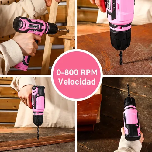 Vista 4 de Taladro inalámbrico: juego de taladro eléctrico DEKOPRO de 12 V con taladros eléctricos rosa de 800 RPM con caja de regalo, juego de taladro rosa