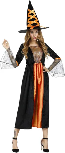 Vista 6 de Haorugut Disfraz de bruja para mujer, disfraz de bruja malvada, vestido de bruja