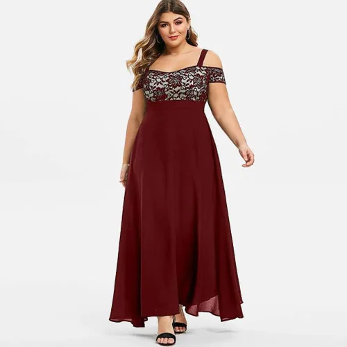 Vista 3 de Aniywn Vestido largo de gasa con hombros descubiertos para mujer, vestido largo de encaje floral y encaje para fiesta, vestido de noche