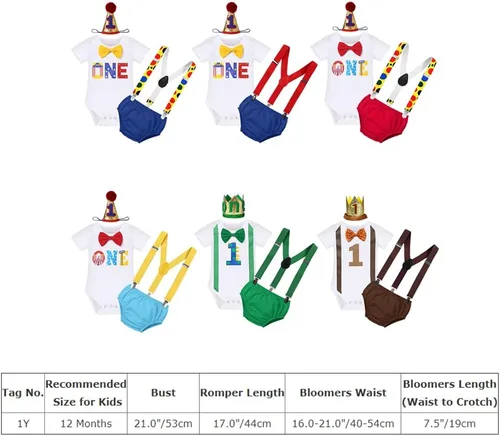 Vista 14 de IBTOM CASTLE Disfraz de carnaval de circo para el primer cumpleaños con temática de carnaval para bebé niño con tirantes y pajarita, sombrero