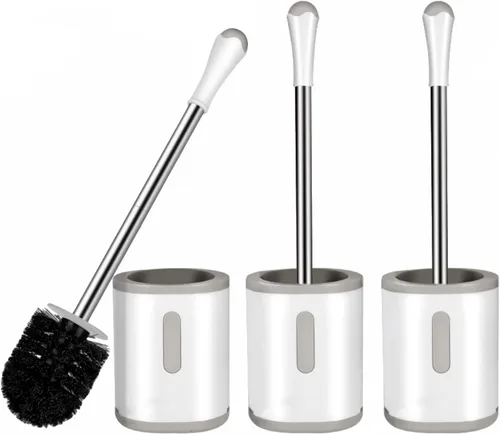 Vista 7 de Escobilla de inodoro y soporte, paquete de 3 cepillos de inodoro de tamaño compacto con mango de acero inoxidable, soporte de plástico