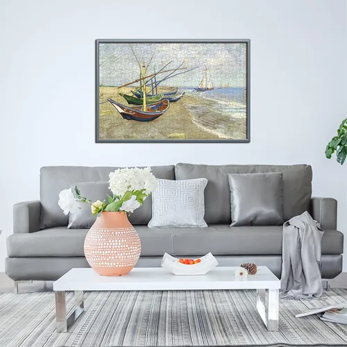 Vista 4 de Rompecabezas de madera de 500 piezas para adultos, pinturas famosas de Van Gogh, barcos de pesca en la playa en Les Saintes-Maries-de-la-Mer, Barcos
