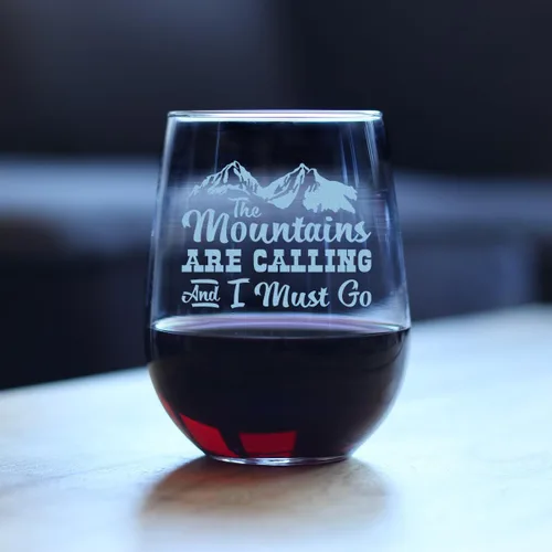 Vista 3 de Custom The Mountains Are Calling And I Must Go - Personalized Stemless Wine Glass - Fun Mountain Themed Gift or Décor - Large 17 Ounce - Customized
