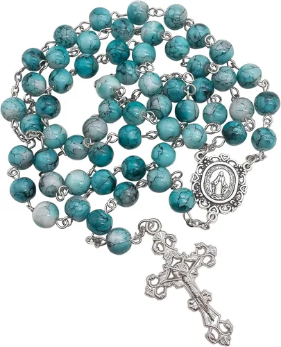 Vista 2 de Nazareth Store Rosario de cristal cristalizado turquesa con cuentas de rosario católico con medalla milagrosa y cruz de acero inoxidable Vidrio No