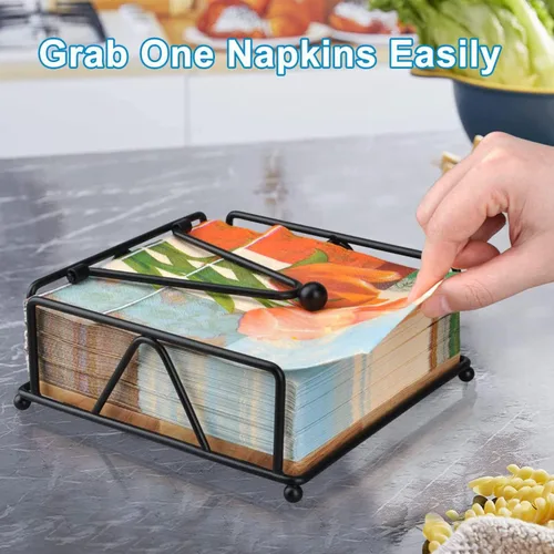 Vista 9 de Servilletero de metal para mesa con brazo de peso, servilleteros de papel plano para mesa de cocina con base de madera, dispensador de pañuelos