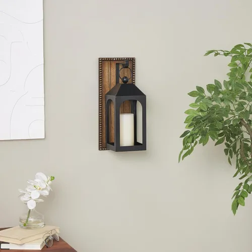 Vista 2 de Deco 79 Aplique de pared de metal suspendido en forma de arco con respaldo de madera marrón y borde de cuentas, 6 x 6 x 16 pulgadas, negro