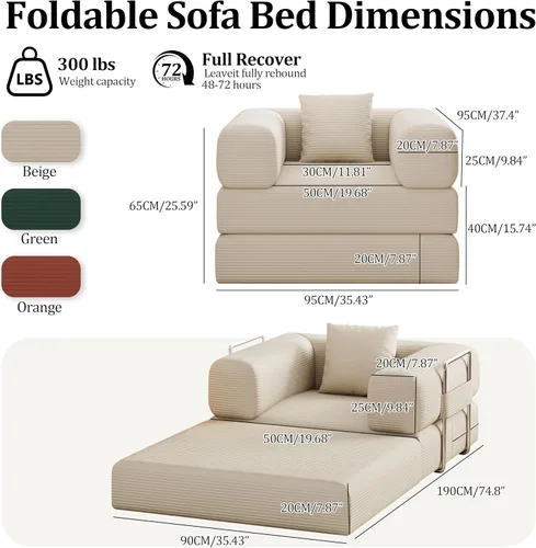 Vista 2 de Sofá individual para espacios pequeños, sofá convertible 2 en 1, cómodo puf para adultos con funda extraíble con almohadas para dormitorio, Beige