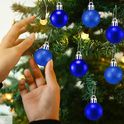 Vista 8 de Paramexview® Juego de 24 bolas de Navidad, 40mm/1.57", bolas colgantes para árbol de Navidad inastillables, decoración con gancho precolocado Azul