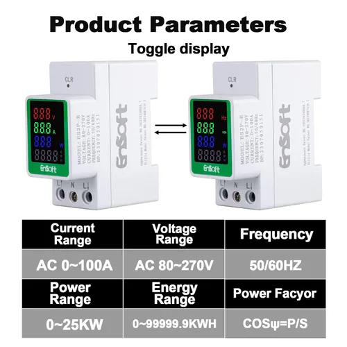 Vista 3 de Medidor de Energía Digital CA, 80-270V 100A Amperímetro Voltímetro Amperímetro Probador de Voltaje Amperios Vatios Kwh Factor de Potencia Medidor