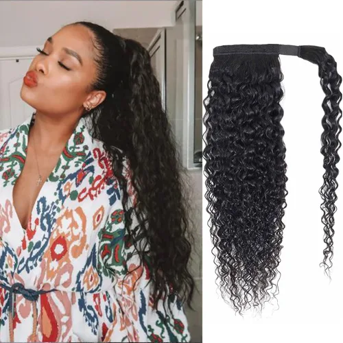 Vista 14 de Cola de Caballo de Cabello Humano Corto Rizado Crespo Envolvente con Clips Extensiones de Cola de Caballo de Pasta Mágica 120g/juego Pieza
