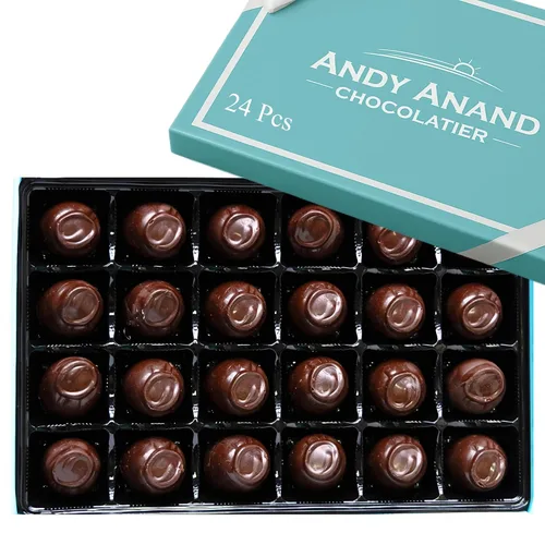 Vista 8 de ANDY ANAND CHOCOLATIER Cordiales belgas de cereza de chocolate oscuro, cerezas cubiertas de chocolate líquido hechas a mano, perfectas como caja