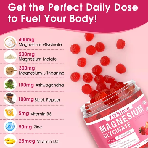 Vista 3 de Gomitas de glicinato de magnesio 400 mg con Ashwagandha, malato de magnesio y L-teanina para mujeres, hombres y niños adultos, suplementos complejos