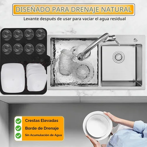 Vista 6 de Luxet Alfombrilla de silicona para secar platos con borde de drenaje integrado, almohadilla de secado higiénica, bandeja resistente compacta y fácil