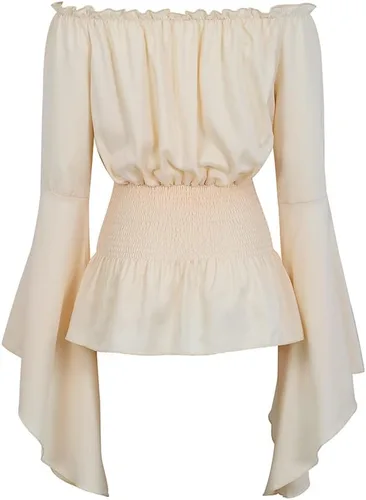 Vista 3 de Blusa renacentista con hombros descubiertos y manga larga tipo trompeta para mujer, disfraz de campesina, época medieval o victoriana.
