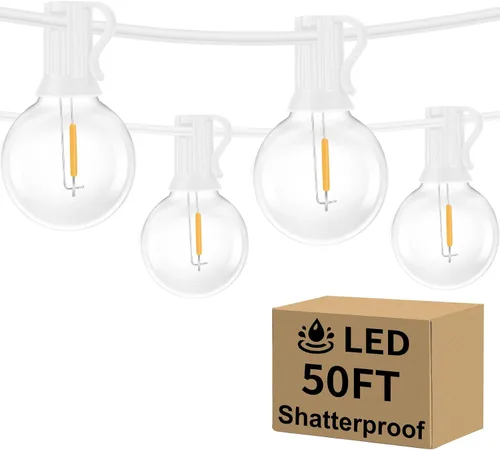Vista 9 de Bosceos Tira de luces LED G40 para exteriores, 25 pies, regulables, inastillables, impermeables, con 12+2 bombillas conectables, luz colgante Blanco