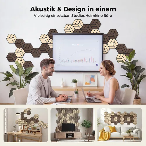 Vista 4 de Pack of 24 Hexagon Acoustic Panels, Self-Adhesive, 30 x 26 x 0.9 cm, High Density Sound Absorber Wall, Sound Insulation Panels for Studio, Office