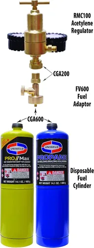 Vista 4 de Uniweld Adaptador de Oxy/Combustible FV600 para conectar un regulador MC (CGA200) a un cilindro de combustible desechable (CGA600)