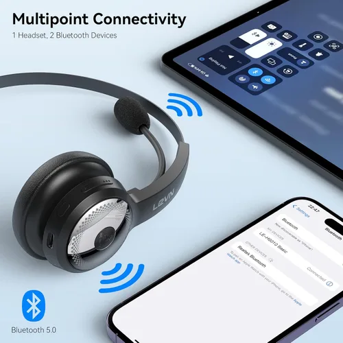 Vista 4 de LEVN Auriculares Bluetooth, auriculares inalámbricos con micrófono y botón de silencio, 60 horas de tiempo de conversación, auriculares