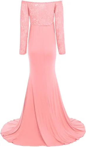 Vista 4 de Vestido de maternidad de manga larga con hombros descubiertos para mujer, para fotografía, baby shower con cinturón de flores para sesión de fotos