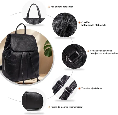 Vista 7 de BOYATU Mochila de cuero para mujer, diseño de moda, bolso de hombro para Negro
