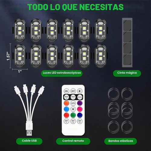 Vista 6 de Luces estroboscópicas RGB LED inalámbricas para aviones con control remoto, 8 colores, 10 modos de parpadeo, carga USB, luces anticolisión 12 piezas