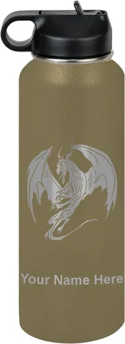 Vista 68 de LaserGram Botella de agua con tapa abatible de doble pared de 12 onzas con pajilla, dragón, grabado personalizado incluido (negro)