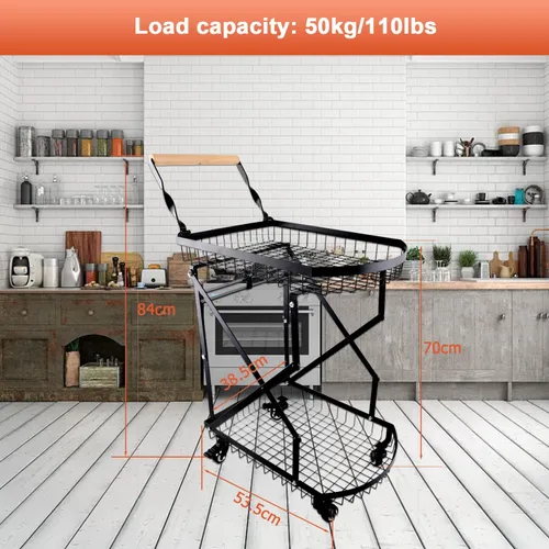Vista 6 de Carrito de compras de metal plegable de 2 niveles sobre ruedas,Carro utilitario plegable