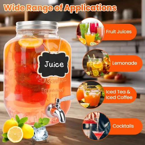 Vista 4 de Juego de 2 dispensadores de bebidas de vidrio para fiestas, dispensadores de bebidas de hielo de 1 galón con soporte, dispensador de jugo