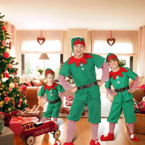 Vista 2 de Disfraz de elfo de Navidad, ropa de cosplay para la familia, conjunto de pantalones de vestir, ayudante de Papá Noel con medias a rayas, zapatos