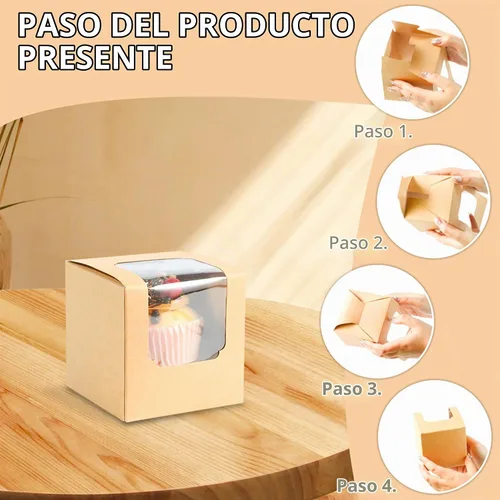 Vista 4 de 25 unidades de recipientes blancos individuales para cupcakes con insertos de ventana, asa para cajas de dulces de boda (25P-marrón)
